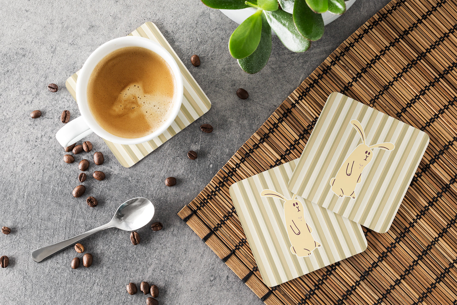 Rabbit on Stripes Foam Coasters Set of 4 Cup Coasters for Indoor Outdoor, Tabletop Protection, Anti Slip, Mouse pad Material