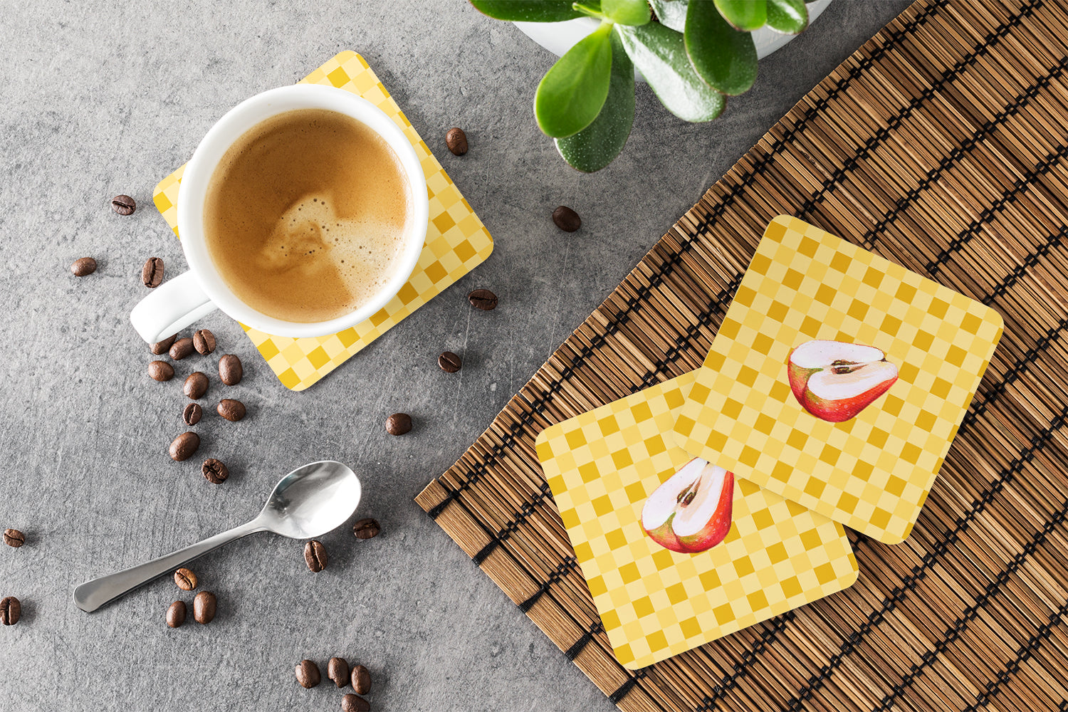 Sliced Apple on Basketweave Foam Coasters Set of 4 Cup Coasters for Indoor Outdoor, Tabletop Protection, Anti Slip, Mouse pad Material