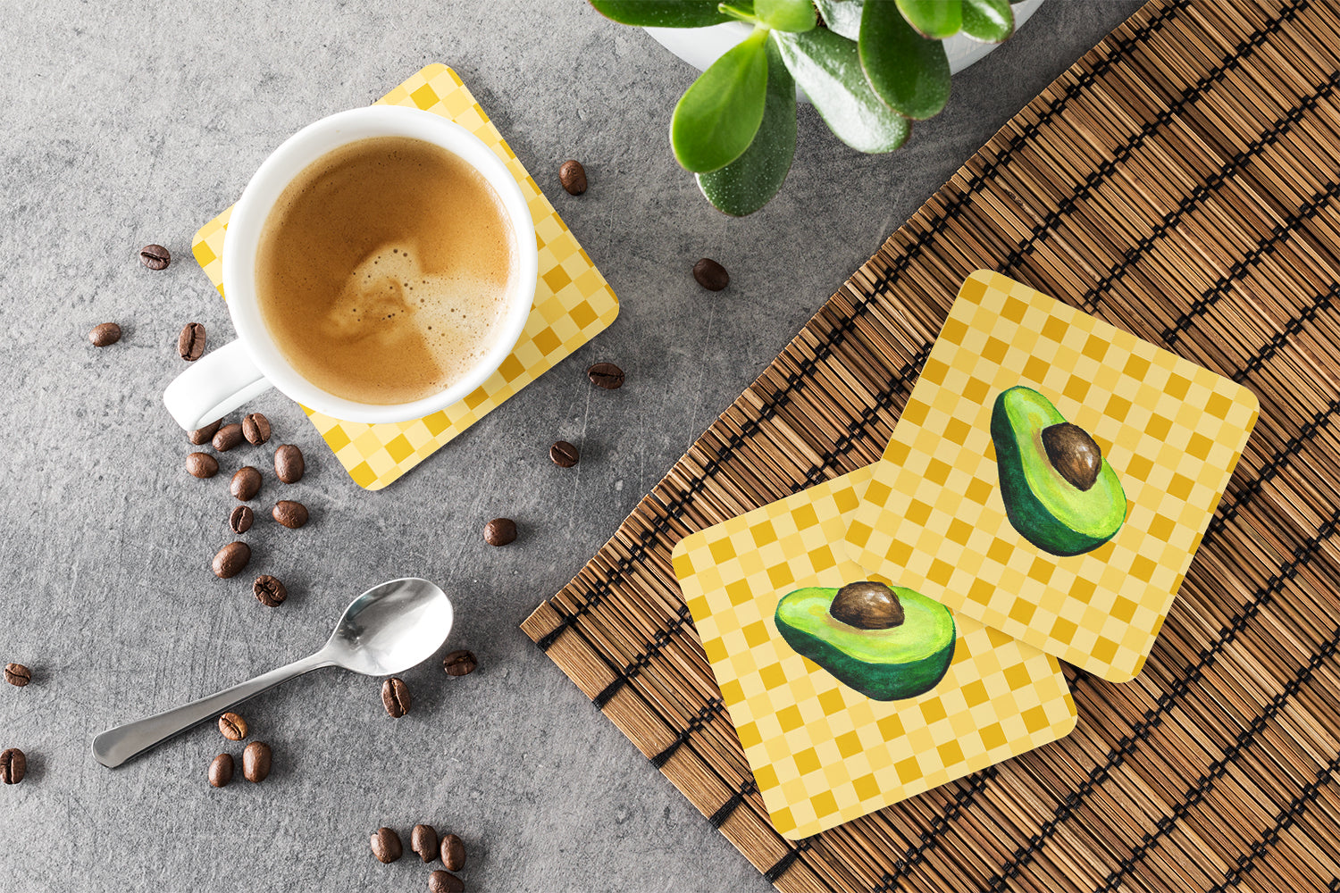 Sliced Avacado on Basketweave Foam Coasters Set of 4 Cup Coasters for Indoor Outdoor, Tabletop Protection, Anti Slip, Mouse pad Material