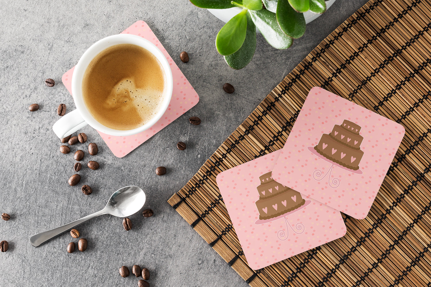 Heart Cake 3 Tier Pink Foam Coasters Set of 4 Cup Coasters for Indoor Outdoor, Tabletop Protection, Anti Slip, Mouse pad Material