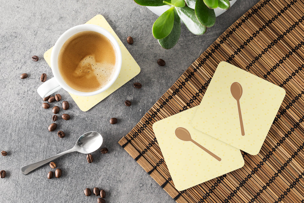 Wooden Spoon on Yellow Foam Coasters Set of 4 Cup Coasters for Indoor Outdoor, Tabletop Protection, Anti Slip, Mouse pad Material