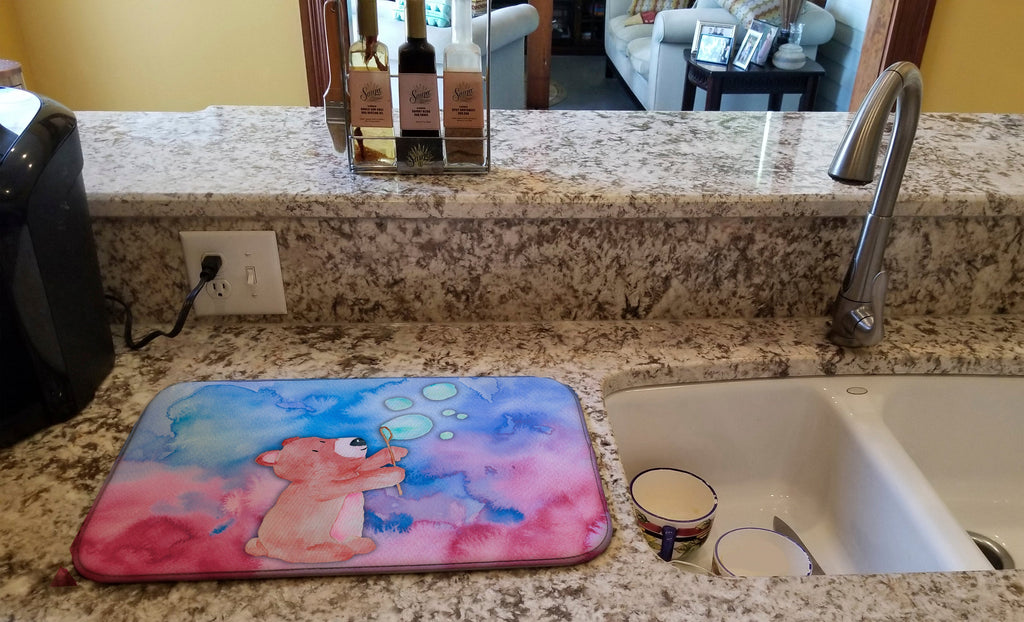 Bear and Bubbles Watercolor Dish Drying Mat Absorbent Dish Drying Mat Pad for Kitchen Counter Dish Drainer Mat for Countertop, 14 x 21", Multicolor