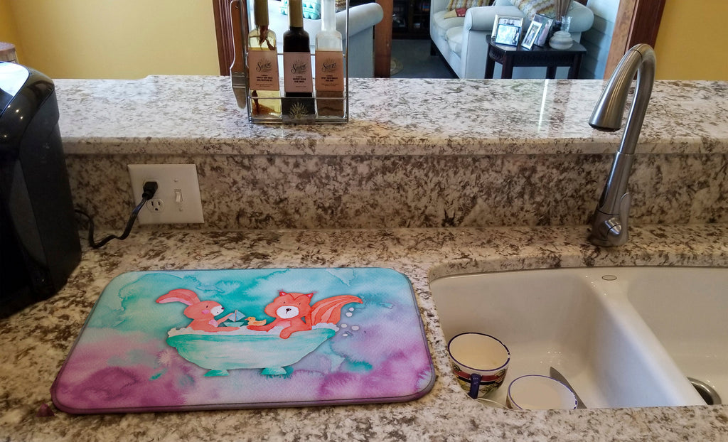 Rabbit and Squirrel Bathing Watercolor Dish Drying Mat Absorbent Dish Drying Mat Pad for Kitchen Counter Dish Drainer Mat for Countertop, 14 x 21", Multicolor