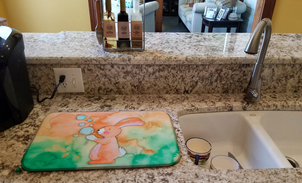 Rabbit and Bubbles Watercolor Dish Drying Mat Absorbent Dish Drying Mat Pad for Kitchen Counter Dish Drainer Mat for Countertop, 14 x 21", Multicolor