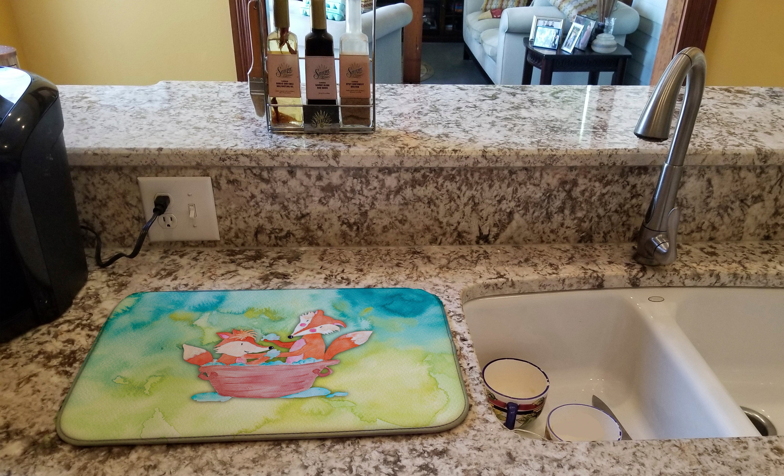Foxes Bathing Watercolor Dish Drying Mat Absorbent Dish Drying Mat Pad for Kitchen Counter Dish Drainer Mat for Countertop, 14 x 21", Multicolor