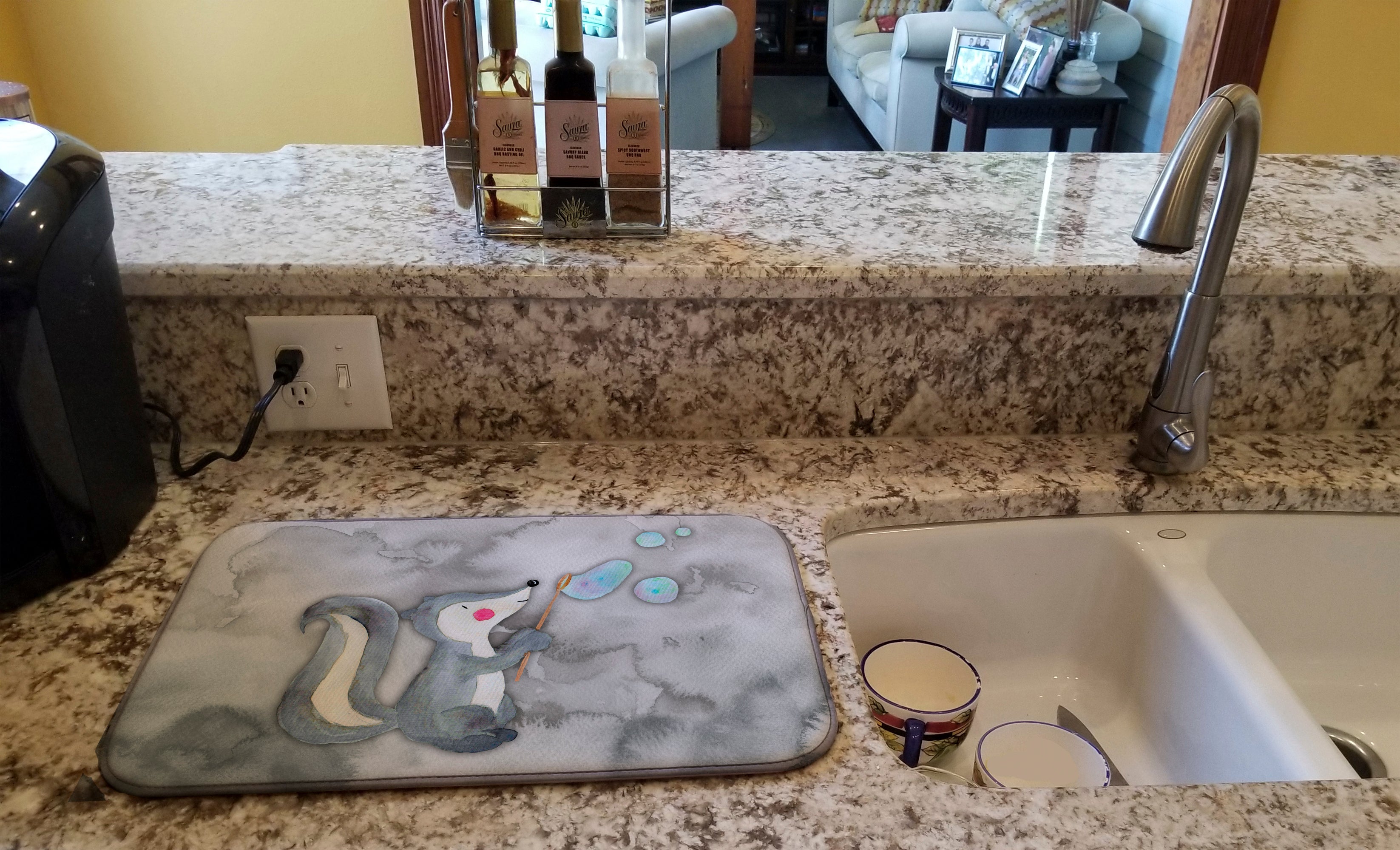 Skunk and Bubbles Watercolor Dish Drying Mat Absorbent Dish Drying Mat Pad for Kitchen Counter Dish Drainer Mat for Countertop, 14 x 21", Multicolor