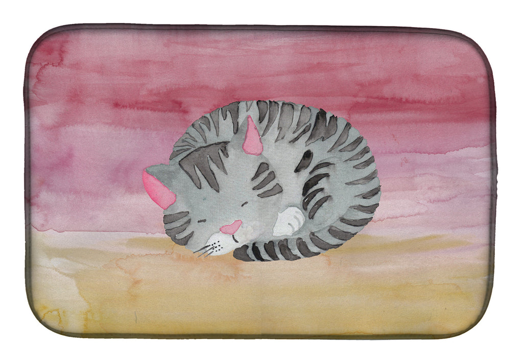 Sleeping Grey Cat Watercolor Dish Drying Mat Absorbent Dish Drying Mat Pad for Kitchen Counter Dish Drainer Mat for Countertop, 14 x 21", Multicolor