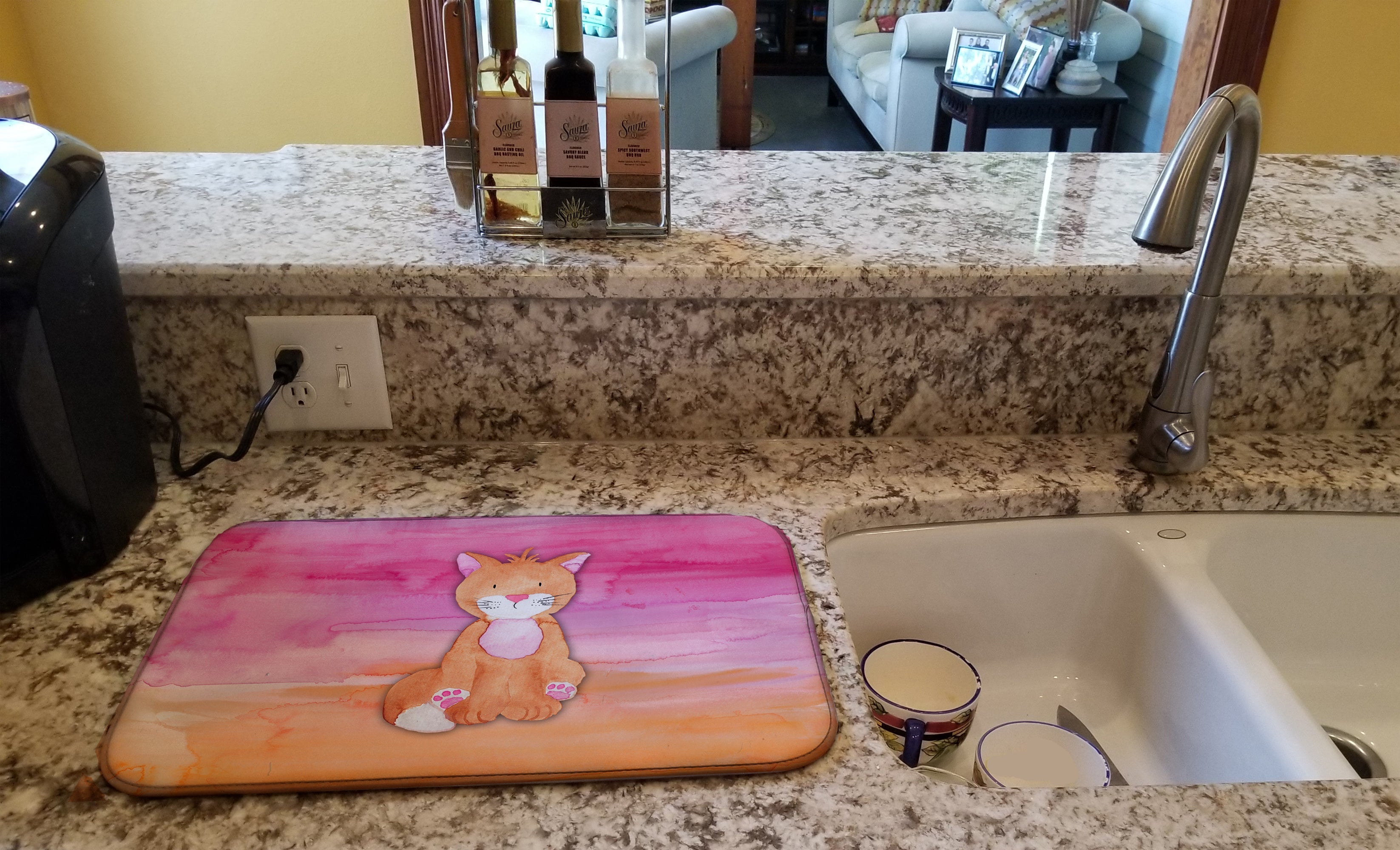 Orange Cat Watercolor Dish Drying Mat Absorbent Dish Drying Mat Pad for Kitchen Counter Dish Drainer Mat for Countertop, 14 x 21", Multicolor