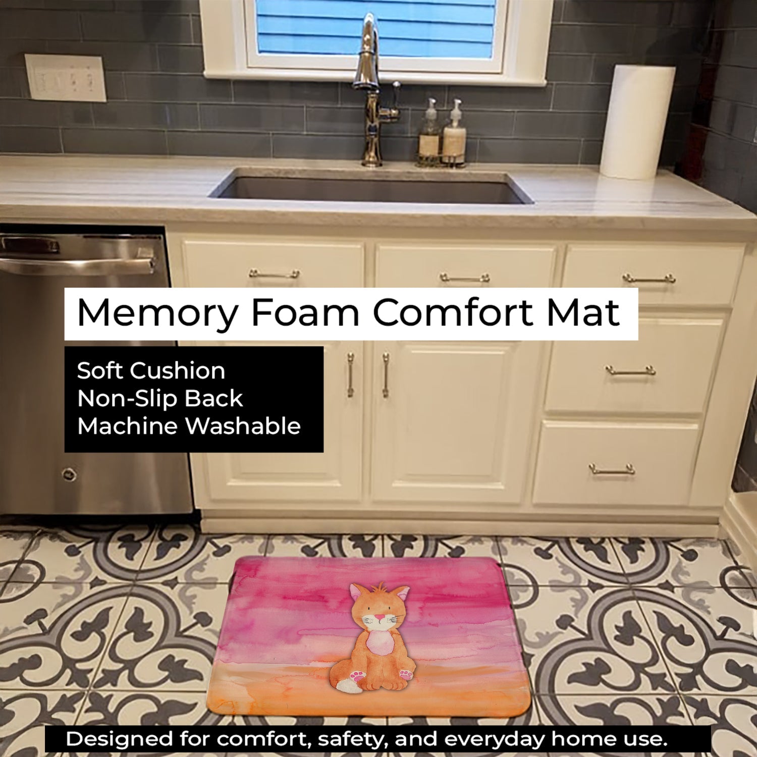 Orange Cat Watercolor Memory Foam Kitchen Mat Machine Washable Anti-Fatigue Cushion Comfort Bath or Kitchen Rug