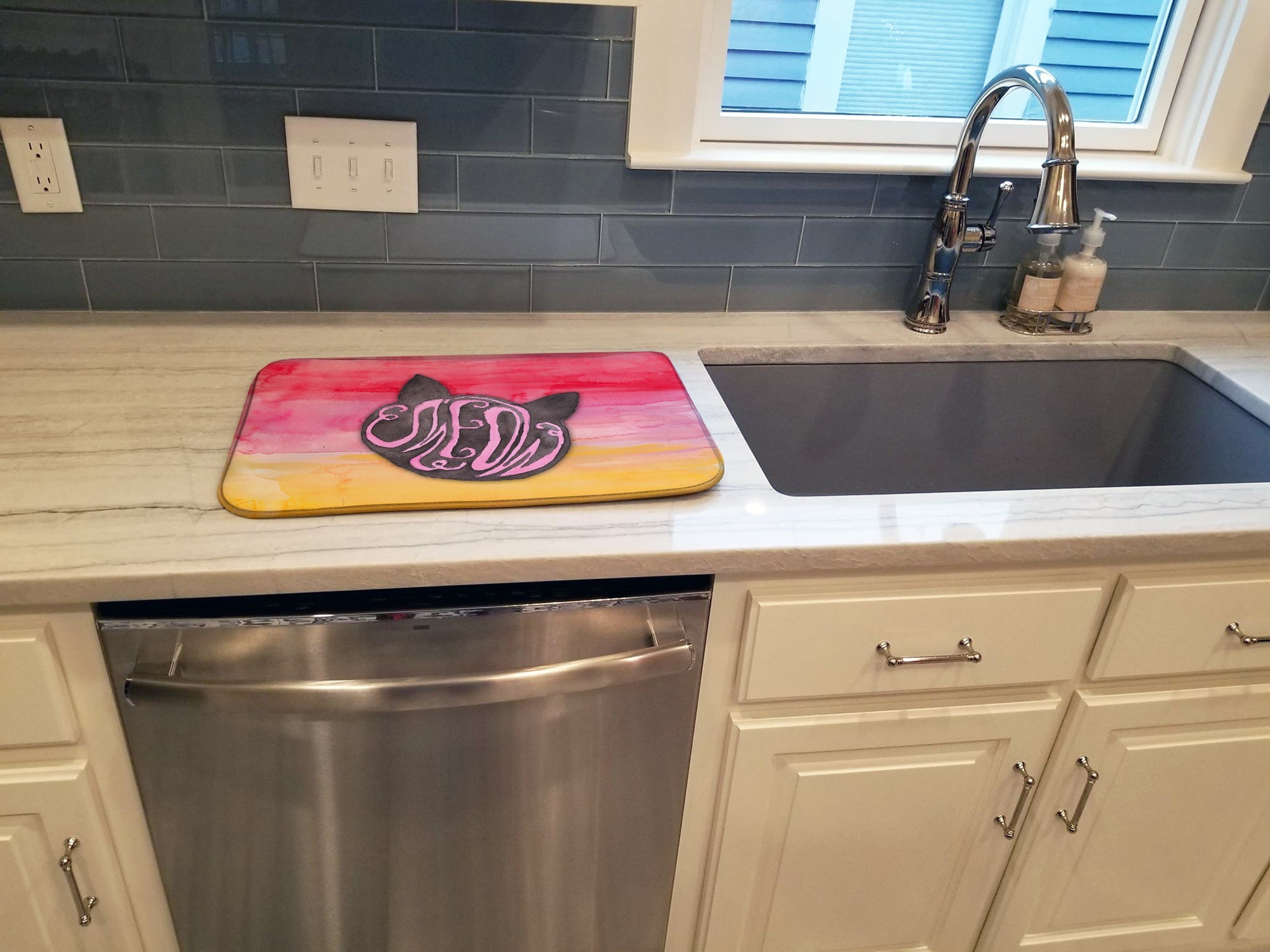 Cat Face Meow Watercolor Dish Drying Mat Absorbent Dish Drying Mat Pad for Kitchen Counter Dish Drainer Mat for Countertop, 14 x 21", Multicolor