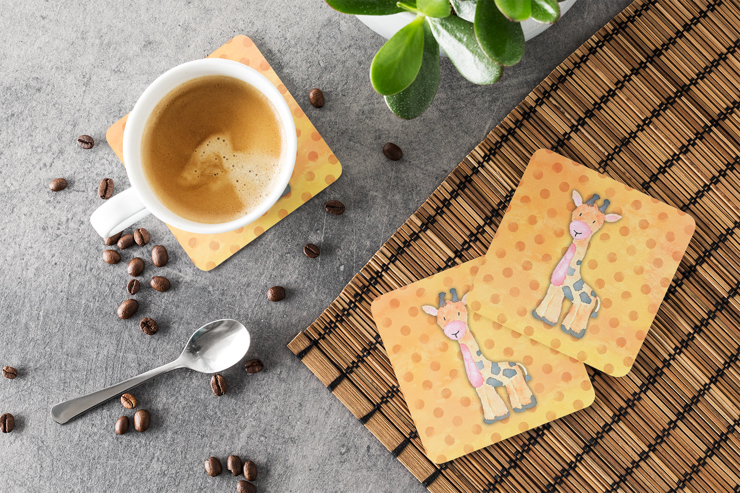 Polkadot Griaffe Watercolor Foam Coasters Set of 4 Cup Coasters for Indoor Outdoor, Tabletop Protection, Anti Slip, Mouse pad Material