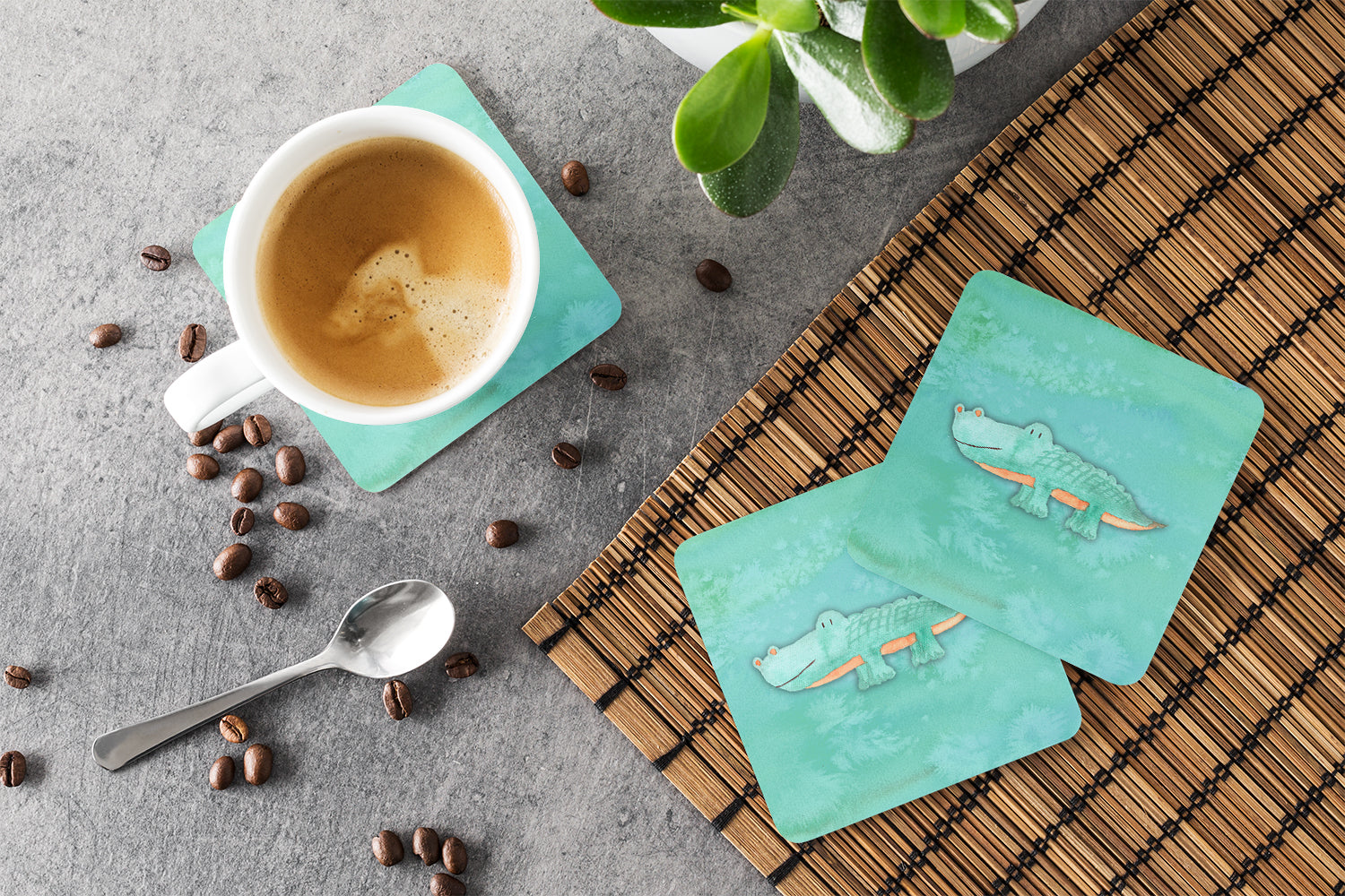 Alligator Watercolor Foam Coasters Set of 4 Cup Coasters for Indoor Outdoor, Tabletop Protection, Anti Slip, Mouse pad Material