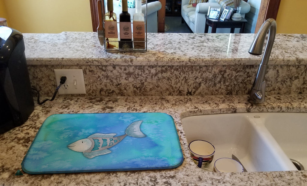 Blue Fish Watercolor Dish Drying Mat Absorbent Dish Drying Mat Pad for Kitchen Counter Dish Drainer Mat for Countertop, 14 x 21", Multicolor