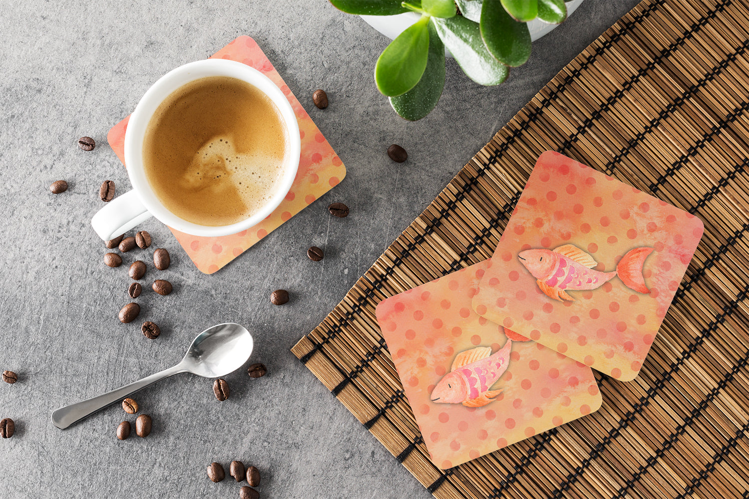 Orange Fish Watercolor Foam Coasters Set of 4 Cup Coasters for Indoor Outdoor, Tabletop Protection, Anti Slip, Mouse pad Material