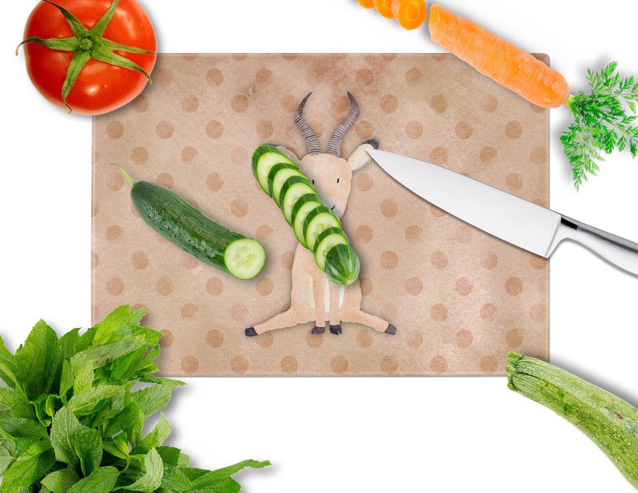 Polkadot Antelope Watercolor Cutting Board Tempered Glass Kitchen Cutting Surface, Heat Resistant Chopping, Non-Slip Feet, Food Prep & Serving