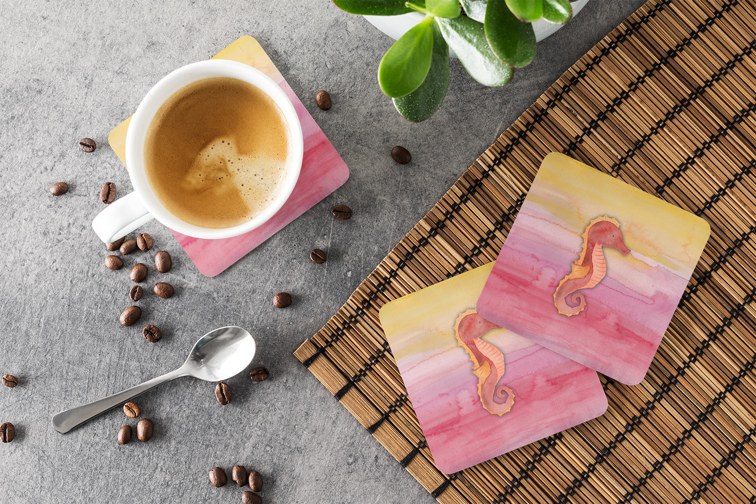 Seahorse Watercolor Foam Coasters Set of 4 Cup Coasters for Indoor Outdoor, Tabletop Protection, Anti Slip, Mouse pad Material