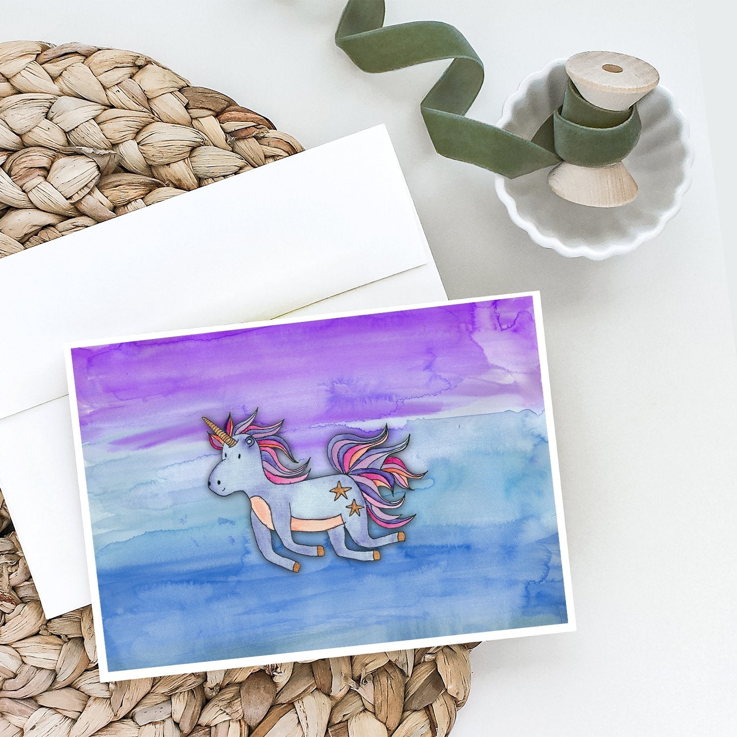 Blue Unicorn Watercolor Greeting Cards Pack of 8 Blank Cards with Envelopes Whimsical A7 Size 5x7