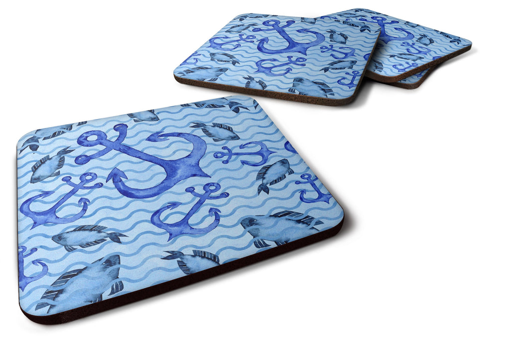 Beach Watercolor Anchors and Fish Foam Coasters Set of 4 Cup Coasters for Indoor Outdoor, Tabletop Protection, Anti Slip, Mouse pad Material