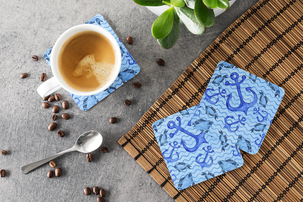 Beach Watercolor Anchors and Fish Foam Coasters Set of 4 Cup Coasters for Indoor Outdoor, Tabletop Protection, Anti Slip, Mouse pad Material