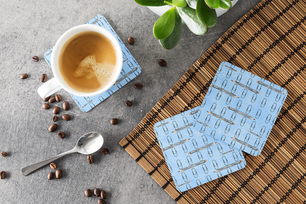 Watercolor Organized Paper Clips Blue Foam Coasters Set of 4 Cup Coasters for Indoor Outdoor, Tabletop Protection, Anti Slip, Mouse pad Material