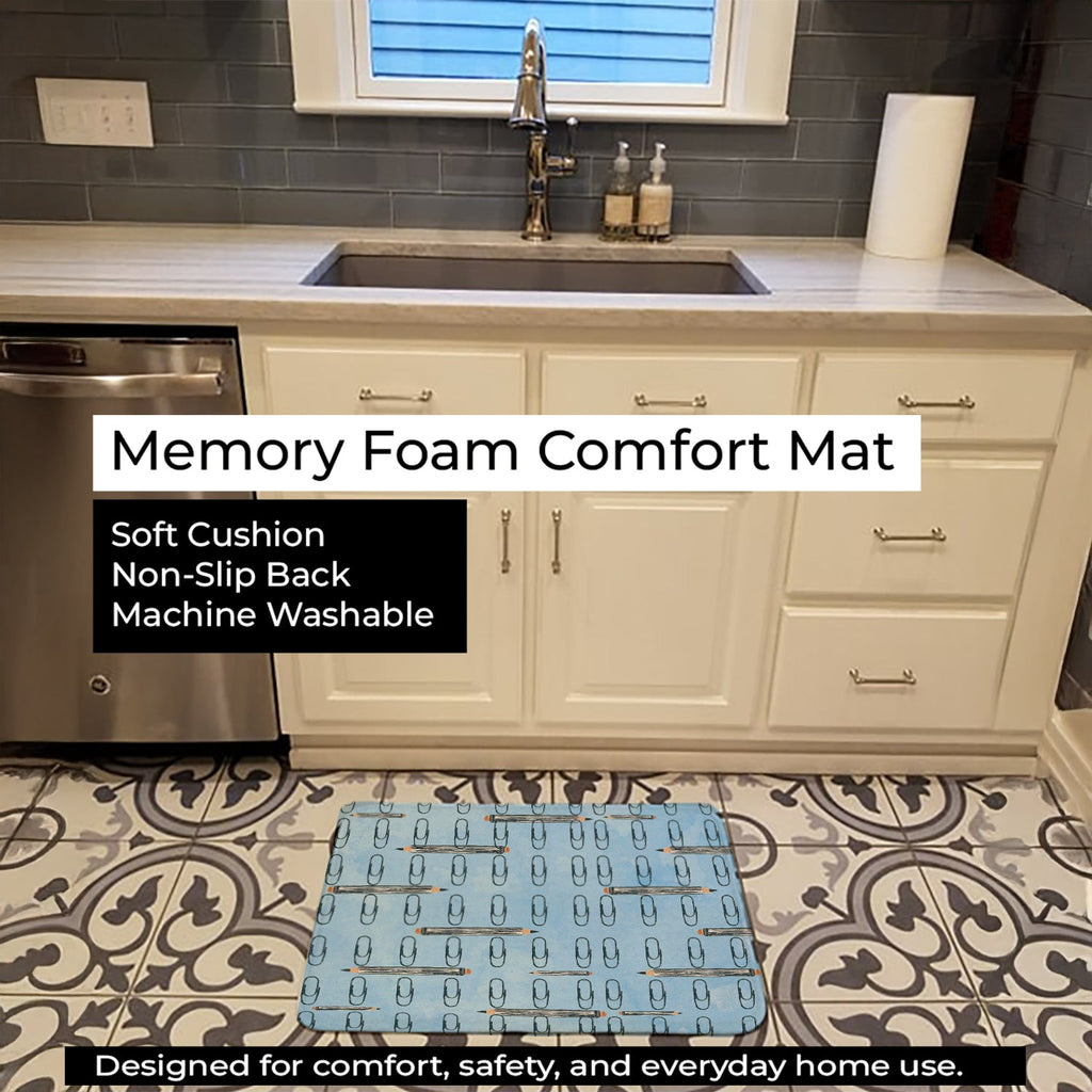 Watercolor Organized Paper Clips Blue Memory Foam Kitchen Mat Machine Washable Anti-Fatigue Cushion Comfort Bath or Kitchen Rug