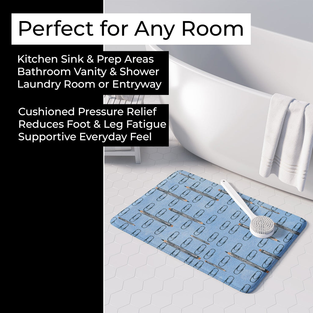 Watercolor Organized Paper Clips Blue Memory Foam Kitchen Mat Machine Washable Anti-Fatigue Cushion Comfort Bath or Kitchen Rug