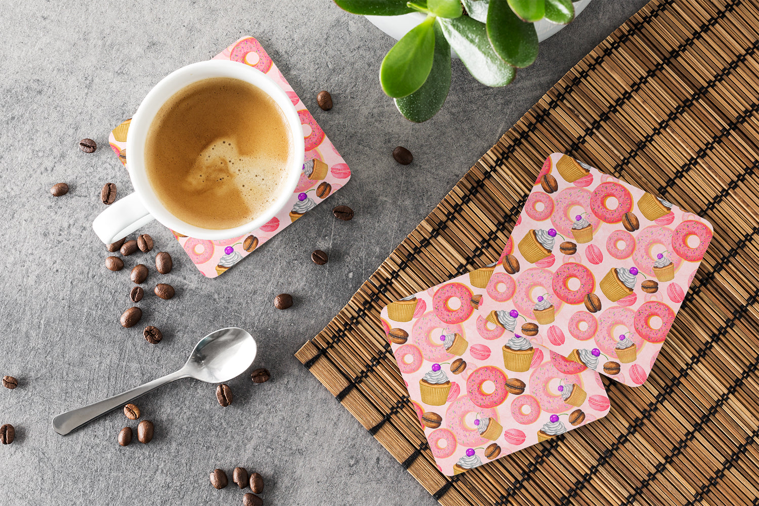 Watercolor Sweet Pastries Foam Coasters Set of 4 Cup Coasters for Indoor Outdoor, Tabletop Protection, Anti Slip, Mouse pad Material