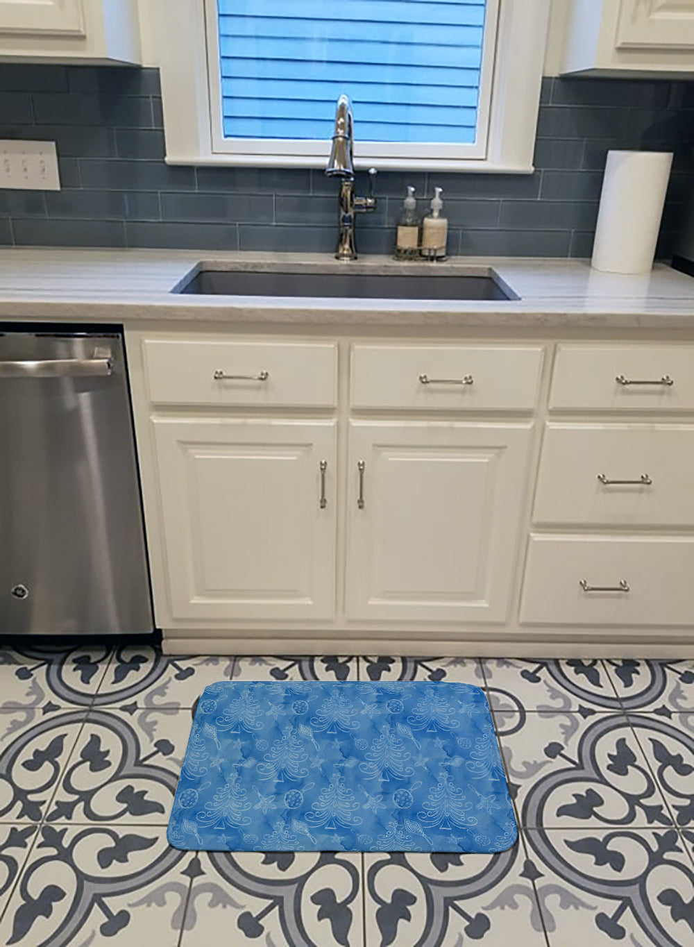 Watercolor Christmas Trees and Ornaments Memory Foam Kitchen Mat Machine Washable Anti-Fatigue Cushion Comfort Bath or Kitchen Rug