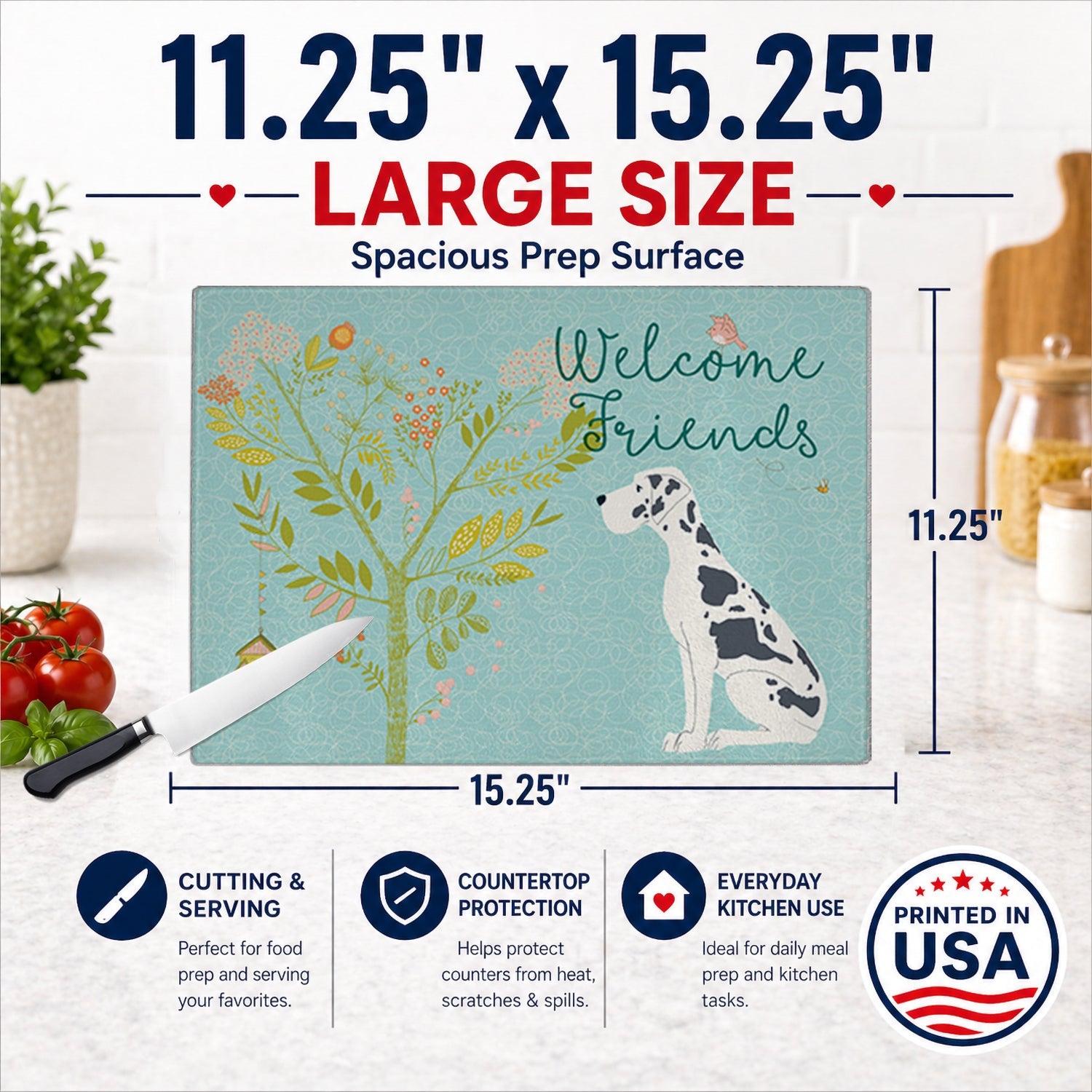 Welcome Friends Harlequin Great Dane Cutting Board Tempered Glass Kitchen Cutting Surface, Heat Resistant Chopping, Non-Slip Feet, Food Prep & Serving