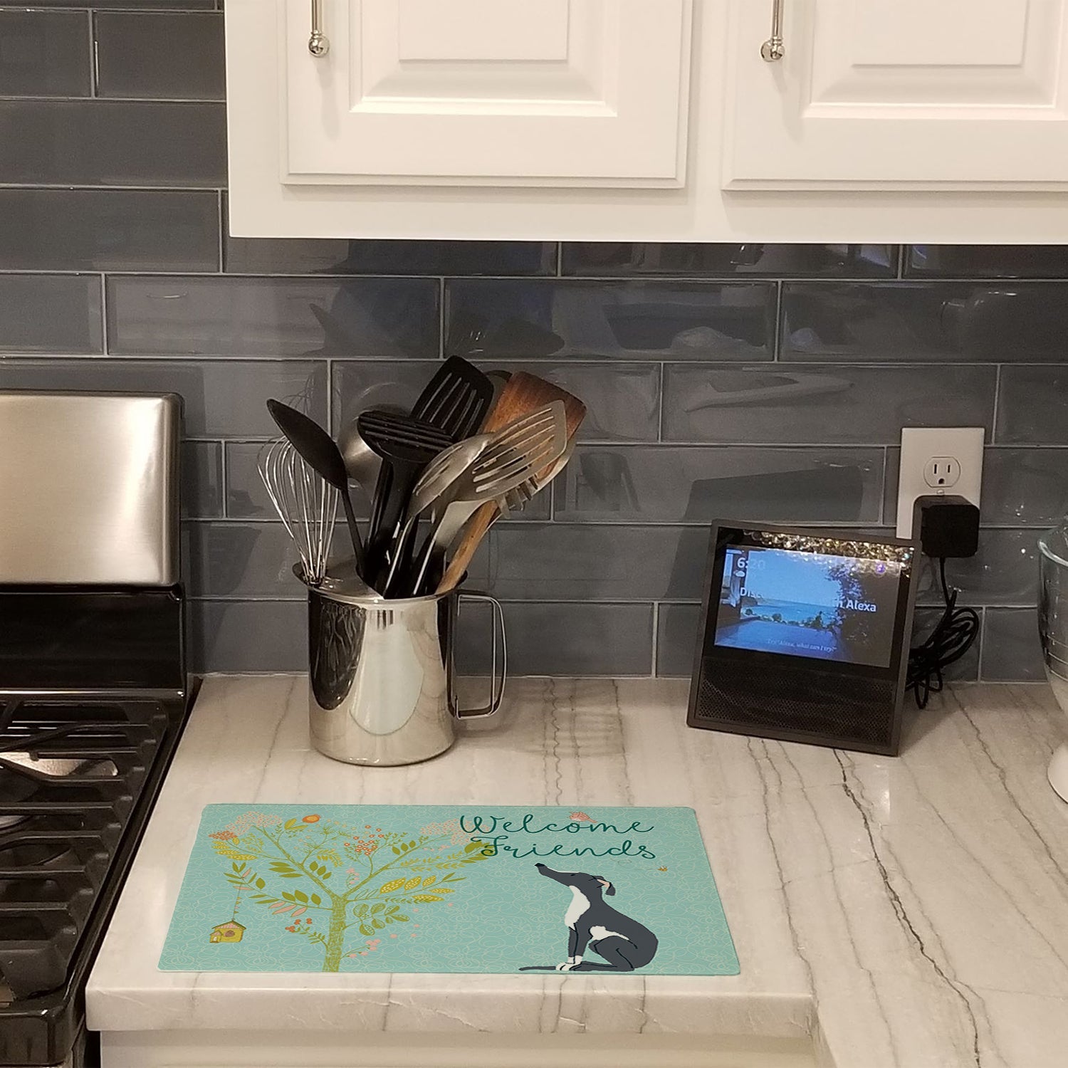 Welcome Friends Black White Greyhound Cutting Board Tempered Glass Kitchen Cutting Surface, Heat Resistant Chopping, Non-Slip Feet, Food Prep & Serving