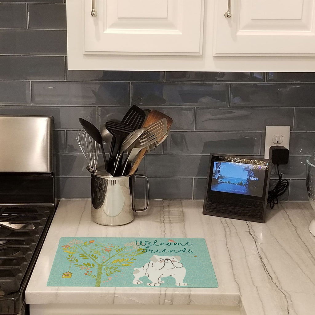 Welcome Friends English Bulldog White Cutting Board Tempered Glass Kitchen Cutting Surface, Heat Resistant Chopping, Non-Slip Feet, Food Prep & Serving