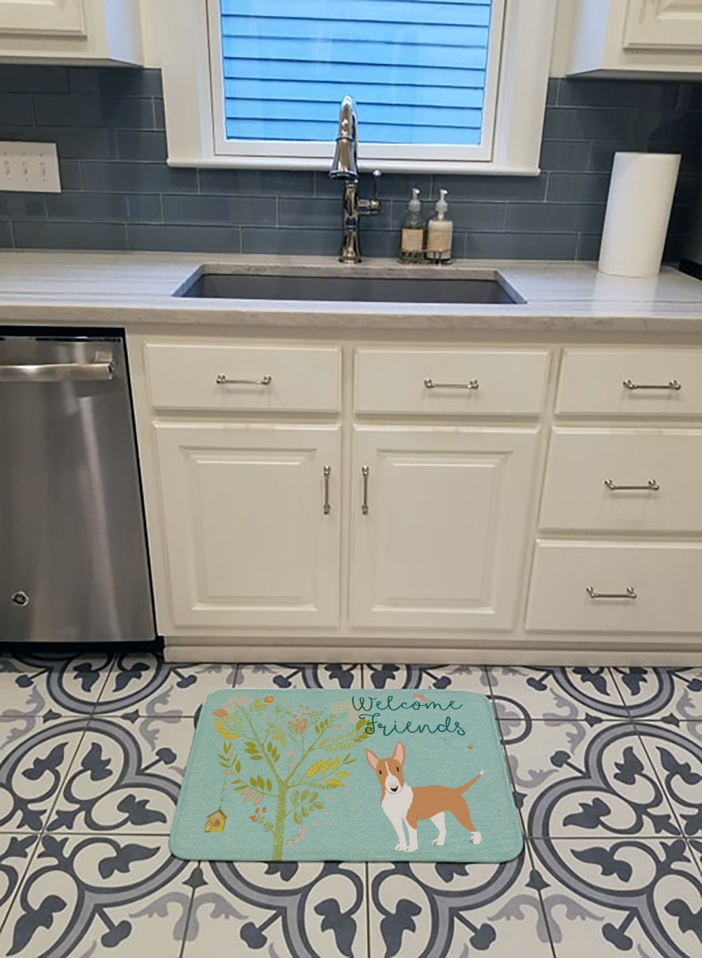 Welcome Friends Brown Bull Terrier Memory Foam Kitchen Mat Machine Washable Anti-Fatigue Cushion Comfort Bath or Kitchen Rug