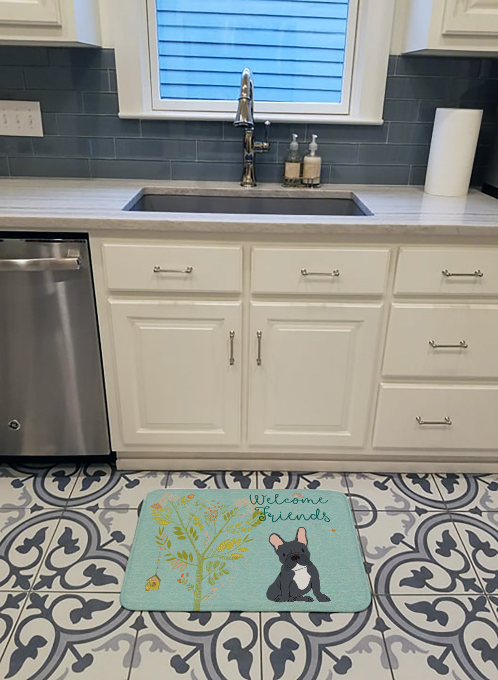 Welcome Friends Black French Bulldog Memory Foam Kitchen Mat Machine Washable Anti-Fatigue Cushion Comfort Bath or Kitchen Rug