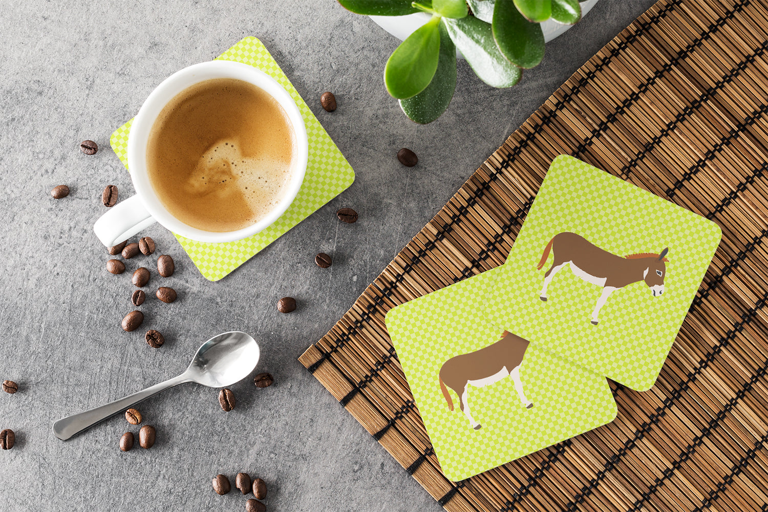 Miniature Mediterranian Donkey Green Foam Coasters Set of 4 Cup Coasters for Indoor Outdoor, Tabletop Protection, Anti Slip, Mouse pad Material