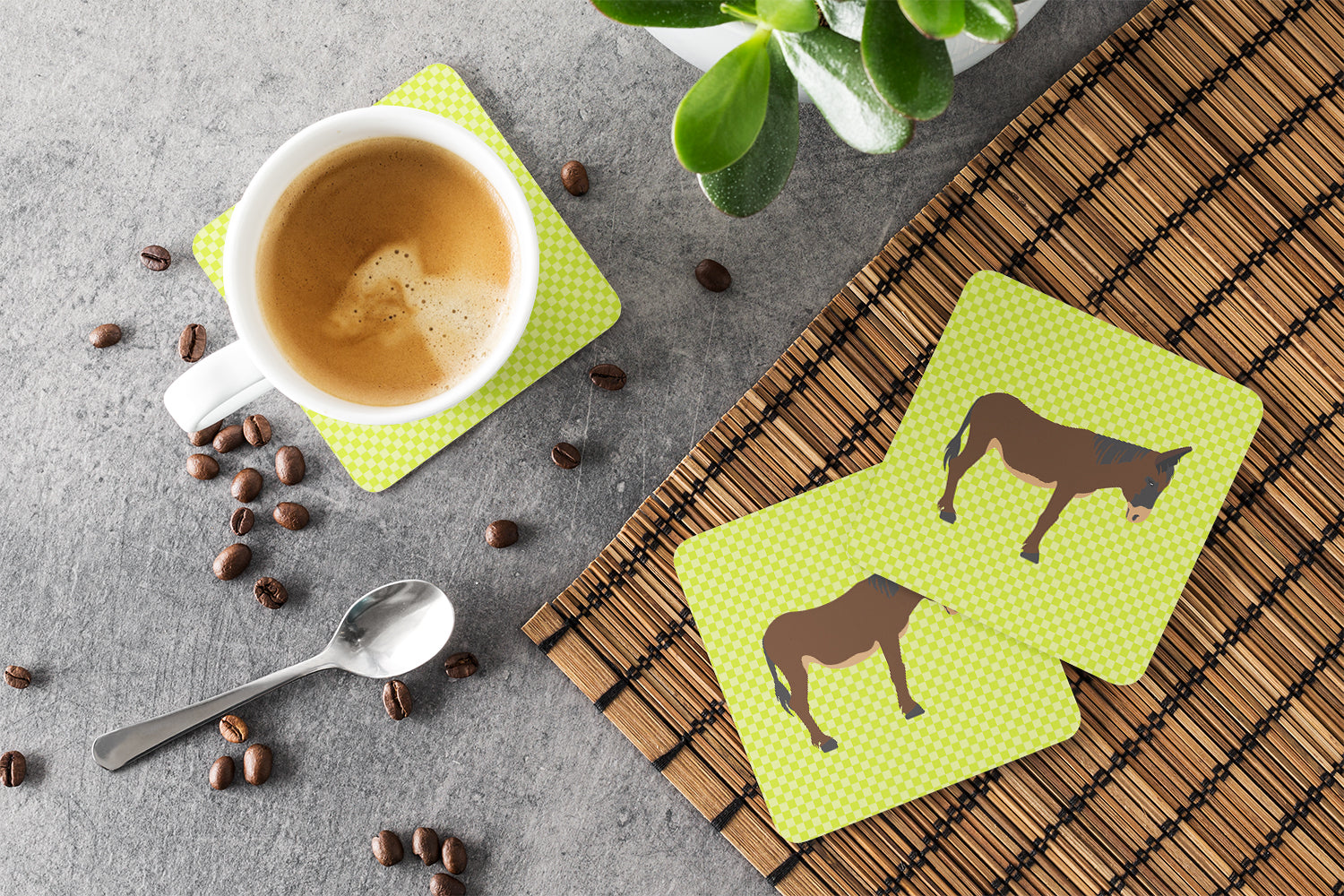 Zamorano-Leones Donkey Green Foam Coasters Set of 4 Cup Coasters for Indoor Outdoor, Tabletop Protection, Anti Slip, Mouse pad Material