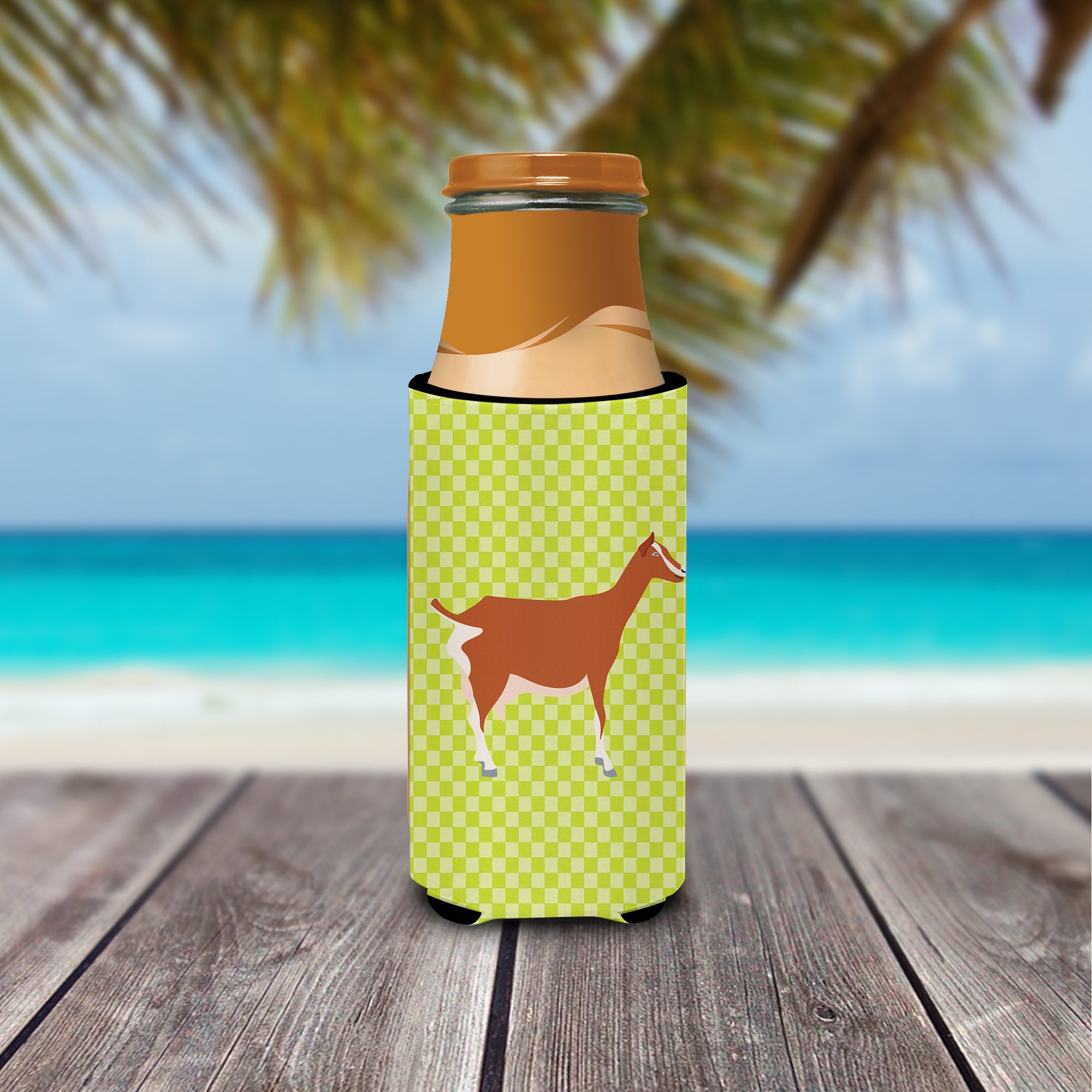 Toggenburger Goat Green Slim Can Hugger , Insulated Foam Hugger for 12 oz Slim Cans, Beer Bottles & Water Bottles, Printed in USA