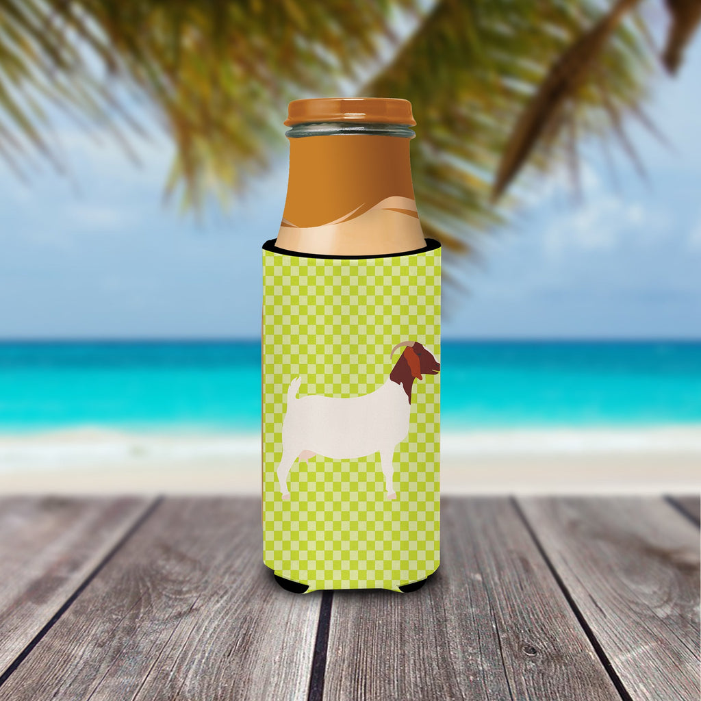 Boer Goat Green Slim Can Hugger , Insulated Foam Hugger for 12 oz Slim Cans, Beer Bottles & Water Bottles, Printed in USA