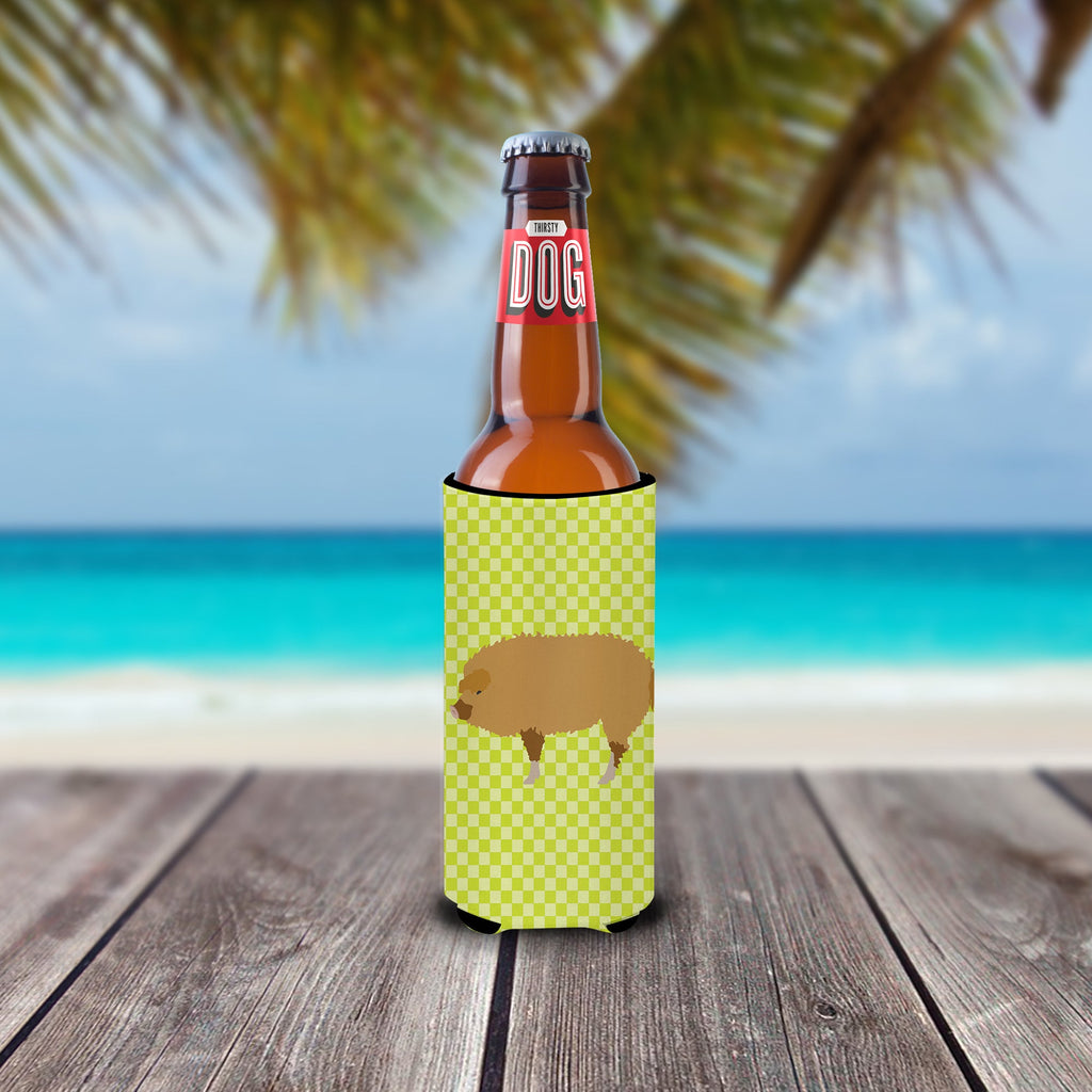 Hungarian Mangalica Pig Green Slim Can Hugger , Insulated Foam Hugger for 12 oz Slim Cans, Beer Bottles & Water Bottles, Printed in USA