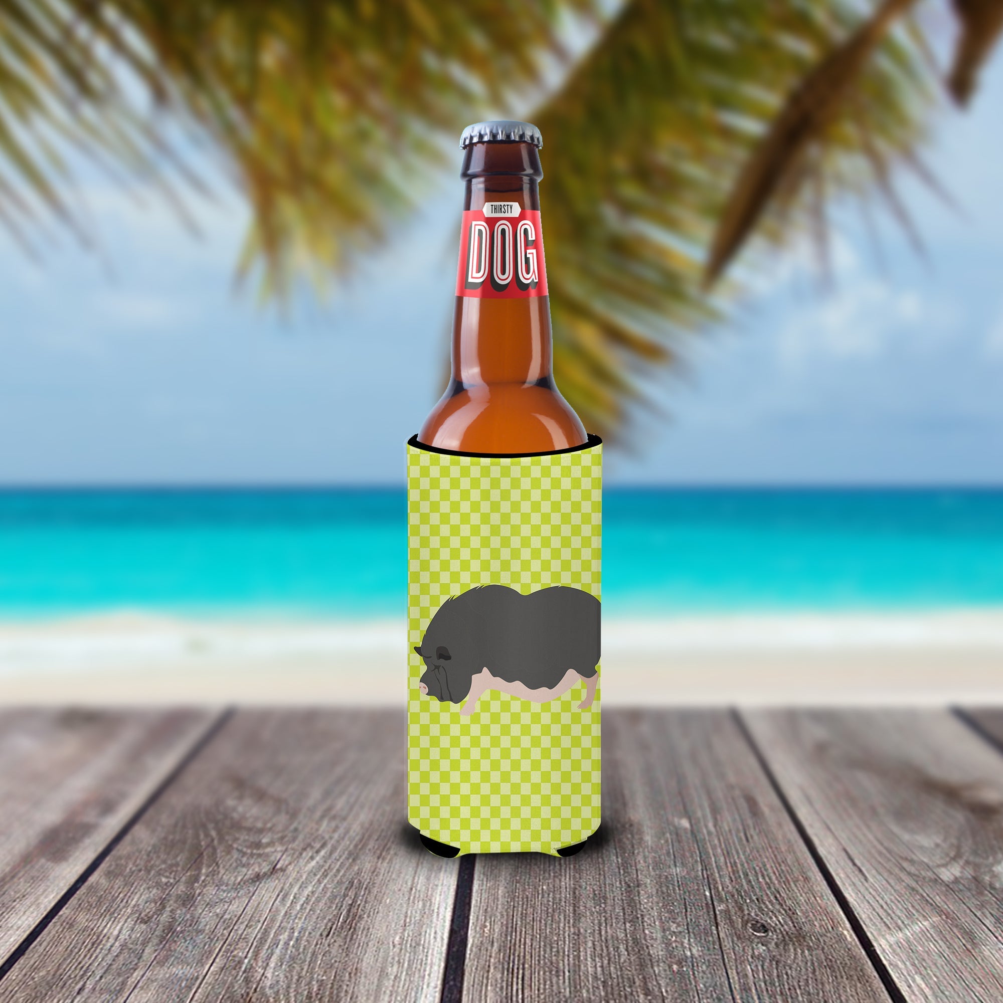 Vietnamese Pot-Bellied Pig Green Slim Can Hugger , Insulated Foam Hugger for 12 oz Slim Cans, Beer Bottles & Water Bottles, Printed in USA