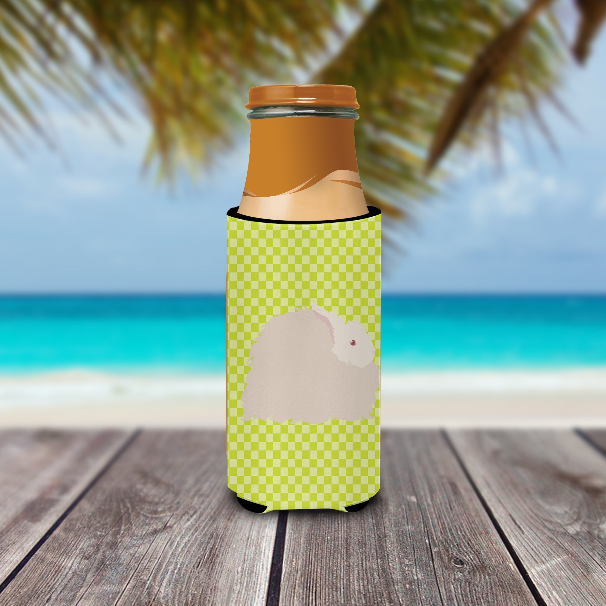 Fluffy Angora Rabbit Green Slim Can Hugger , Insulated Foam Hugger for 12 oz Slim Cans, Beer Bottles & Water Bottles, Printed in USA