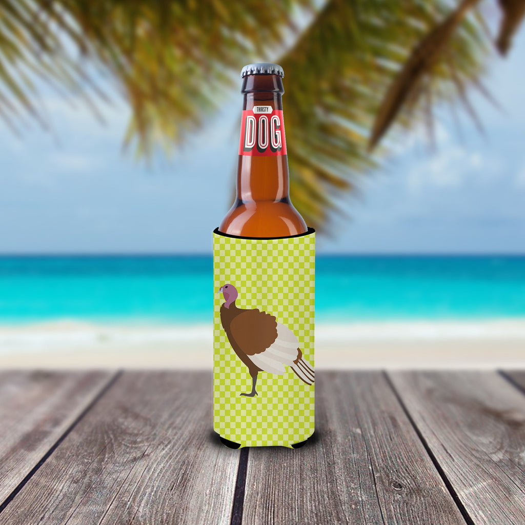 Bourbon Red Turkey Hen Green Slim Can Hugger , Insulated Foam Hugger for 12 oz Slim Cans, Beer Bottles & Water Bottles, Printed in USA
