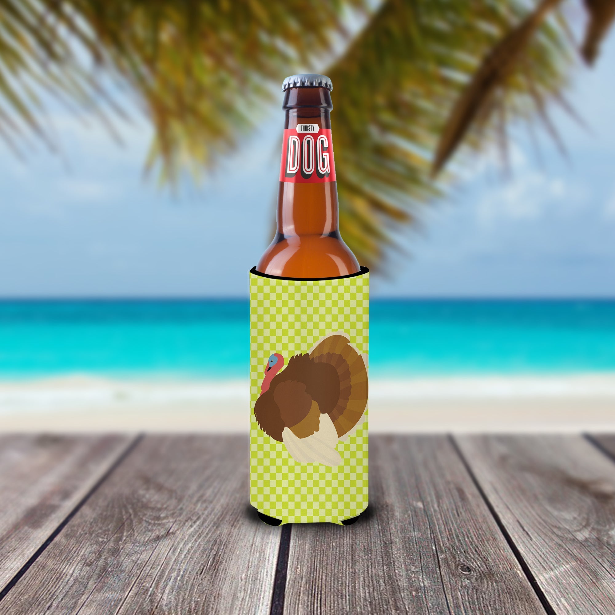 French Turkey Dindon Green Slim Can Hugger , Insulated Foam Hugger for 12 oz Slim Cans, Beer Bottles & Water Bottles, Printed in USA