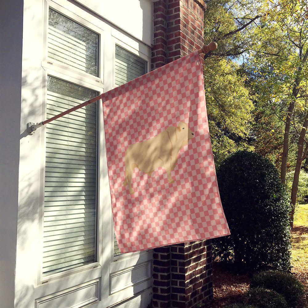 Charolais Cow Pink Check House Flag 28x40 Porch Sleeve Pole Decorative Outside Yard Banner Artwork Wall Hanging, Polyester