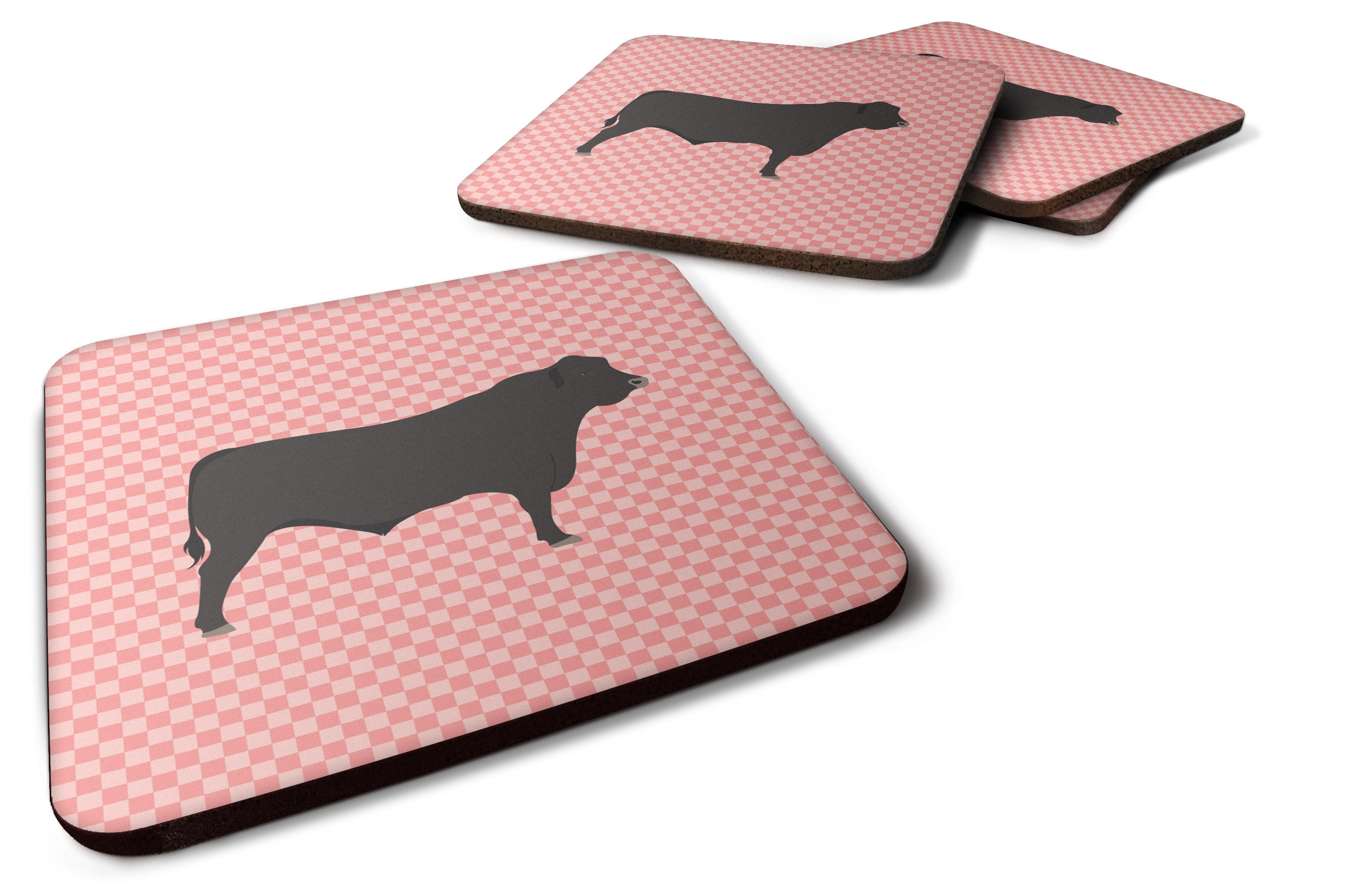 Black Angus Cow Pink Check Foam Coasters Set of 4 Cup Coasters for Indoor Outdoor, Tabletop Protection, Anti Slip, Mouse pad Material