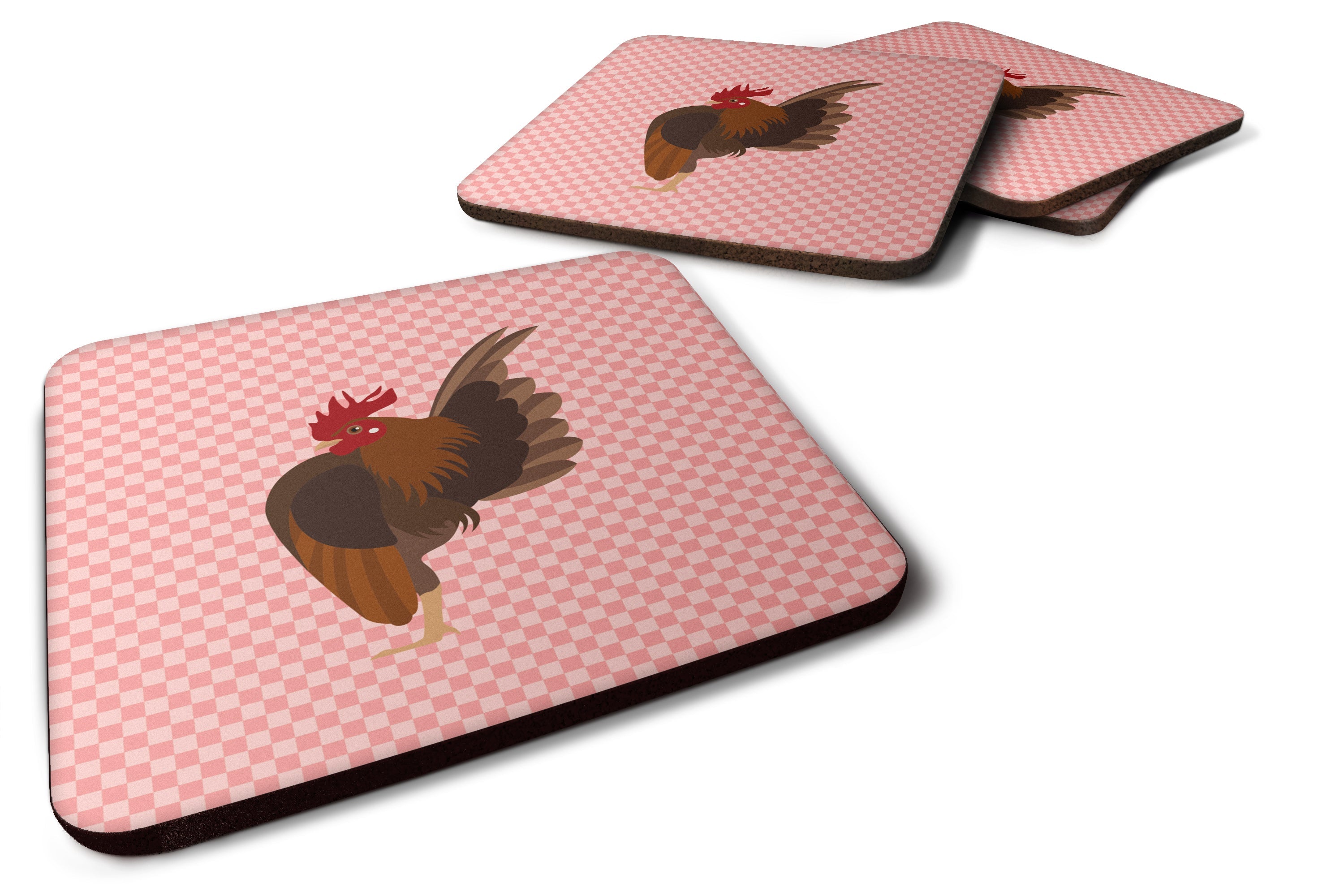 Malaysian Serama Chicken Pink Check Foam Coasters Set of 4 Cup Coasters for Indoor Outdoor, Tabletop Protection, Anti Slip, Mouse pad Material