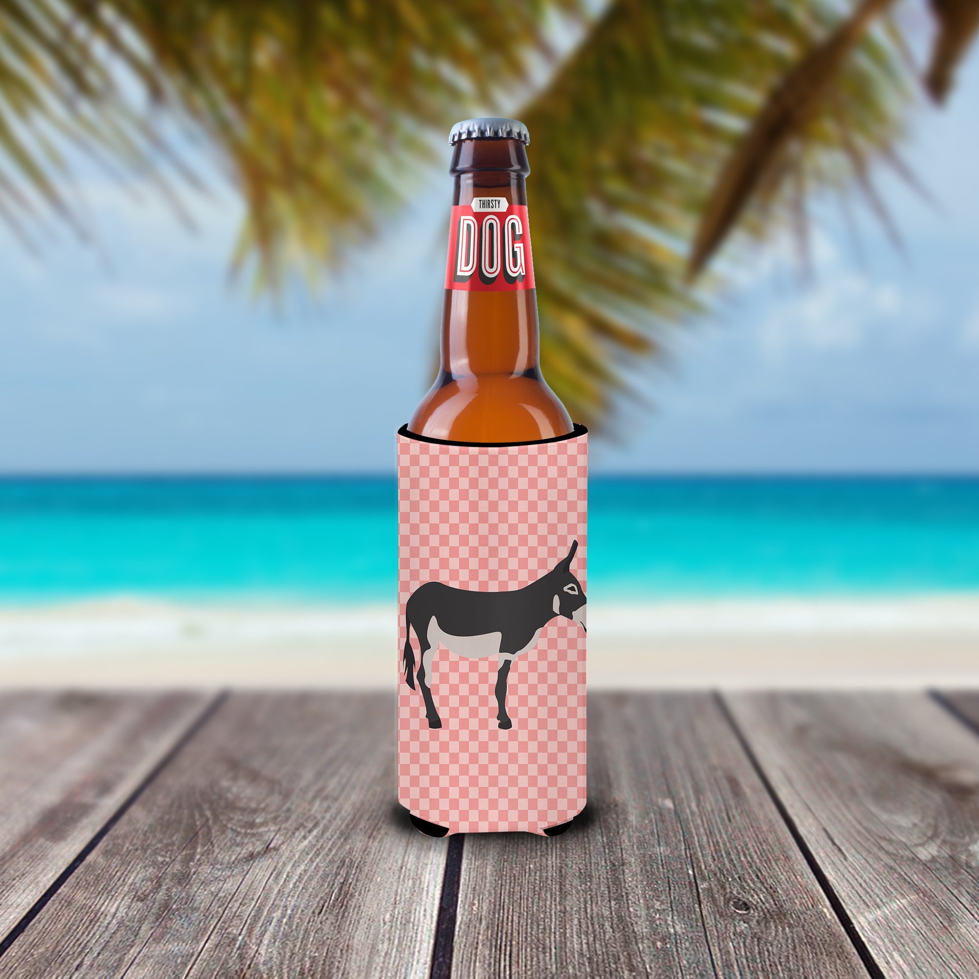 American Mammoth Jack Donkey Pink Check Slim Can Hugger , Insulated Foam Hugger for 12 oz Slim Cans, Beer Bottles & Water Bottles, Printed in USA