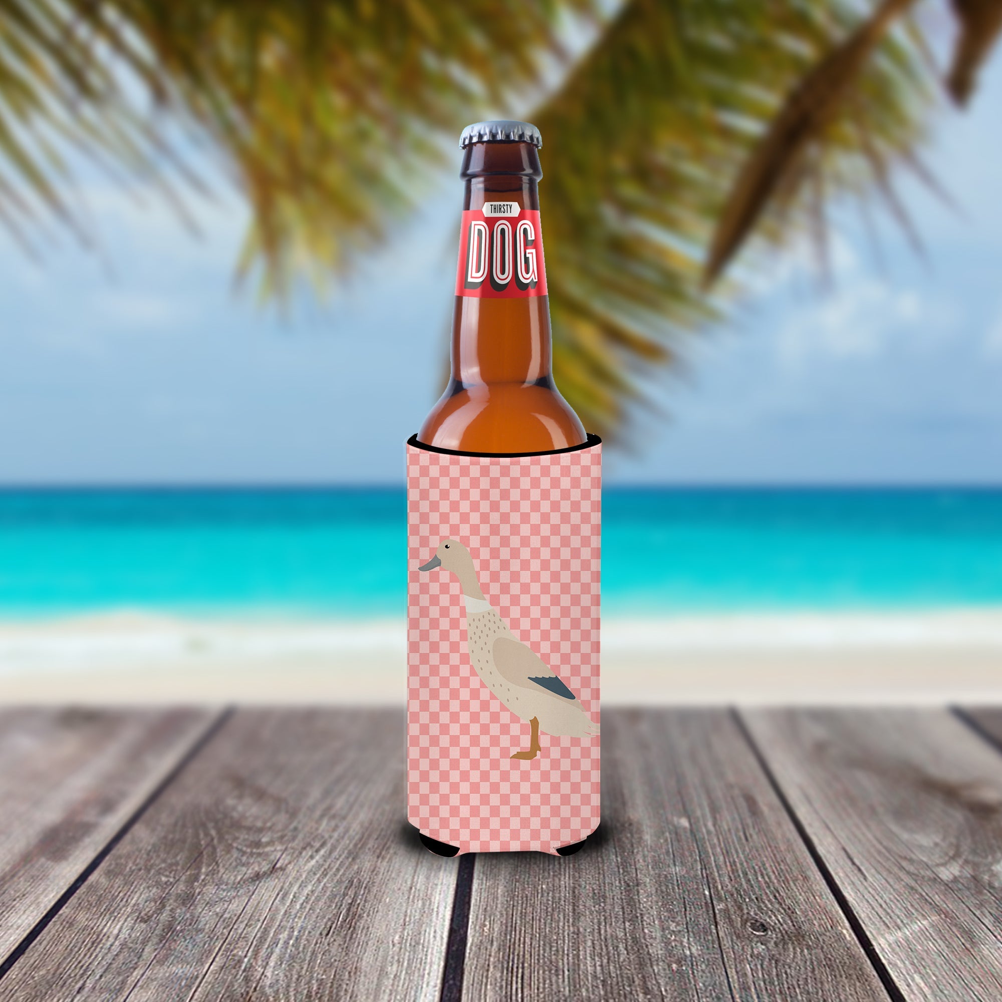 West Harlequin Duck Pink Check Slim Can Hugger , Insulated Foam Hugger for 12 oz Slim Cans, Beer Bottles & Water Bottles, Printed in USA