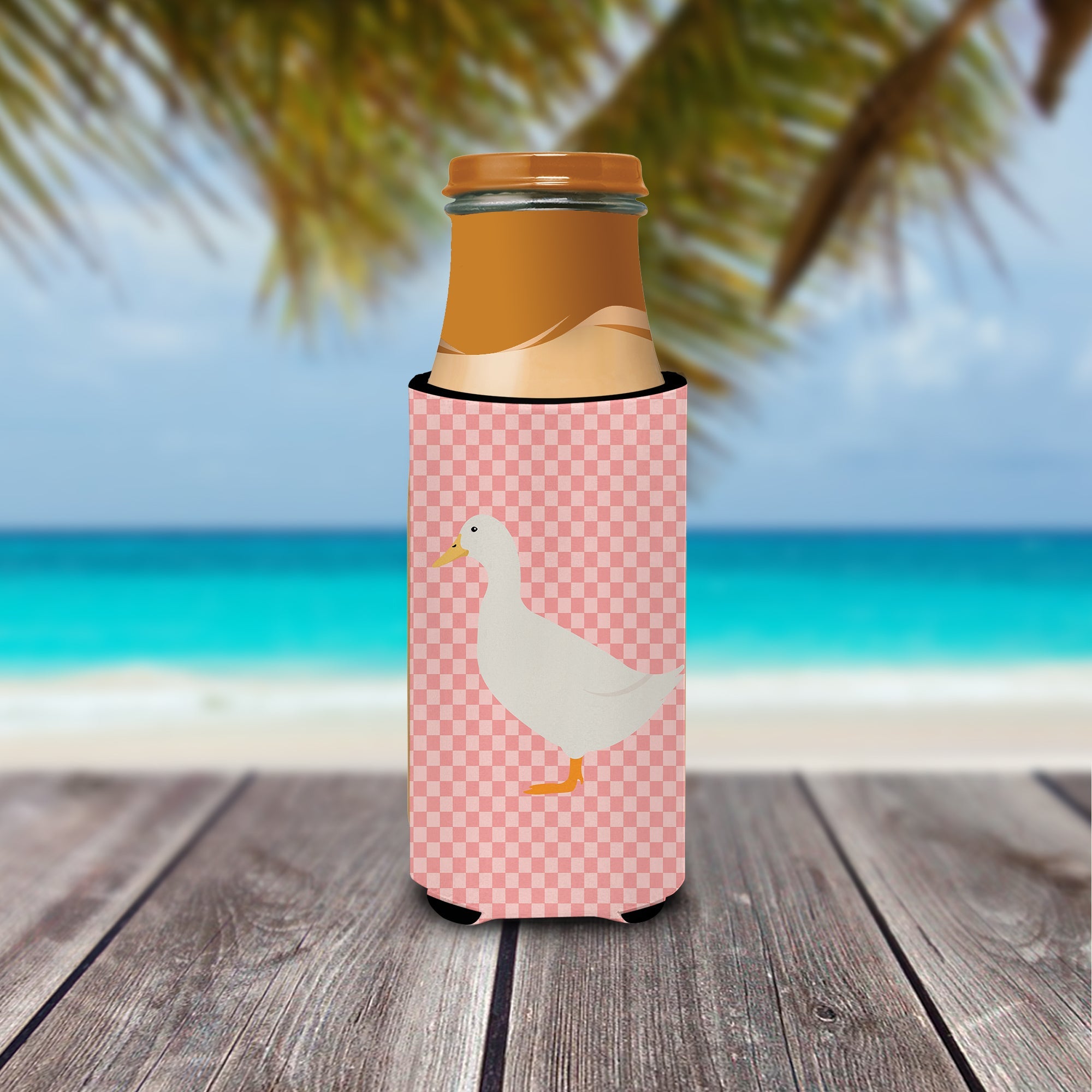 American Pekin Duck Pink Check Slim Can Hugger , Insulated Foam Hugger for 12 oz Slim Cans, Beer Bottles & Water Bottles, Printed in USA