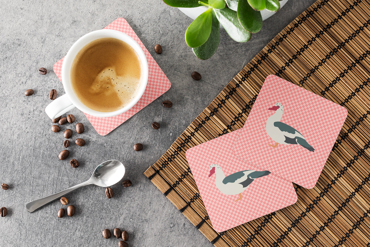 Muscovy Duck Pink Check Foam Coasters Set of 4 Cup Coasters for Indoor Outdoor, Tabletop Protection, Anti Slip, Mouse pad Material