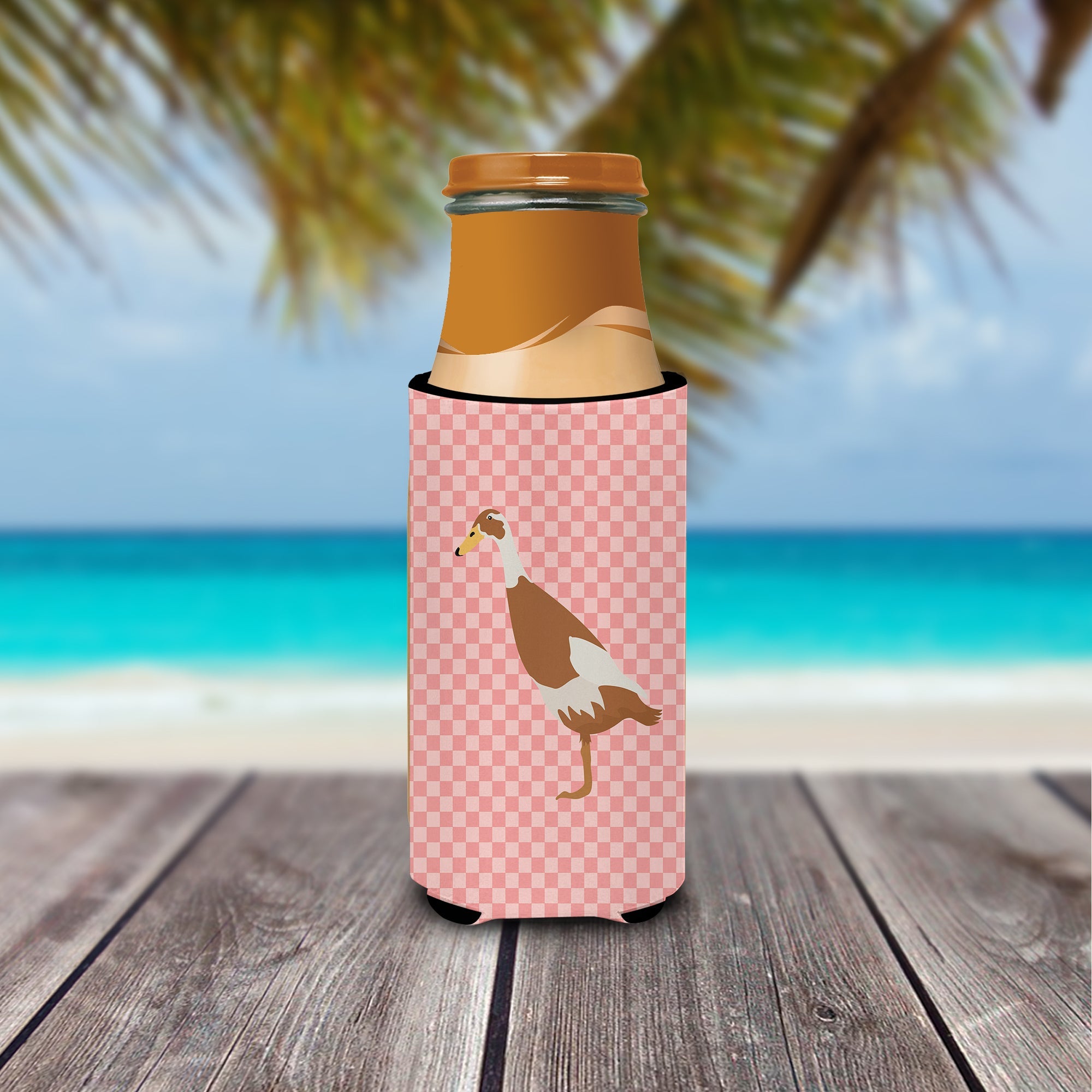 Indian Runner Duck Pink Check Slim Can Hugger , Insulated Foam Hugger for 12 oz Slim Cans, Beer Bottles & Water Bottles, Printed in USA
